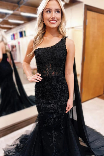 Black One Shoulder Tulle Long Prom Dress with Lace Appliques