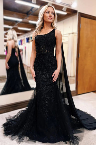 Black One Shoulder Tulle Long Prom Dress with Lace Appliques