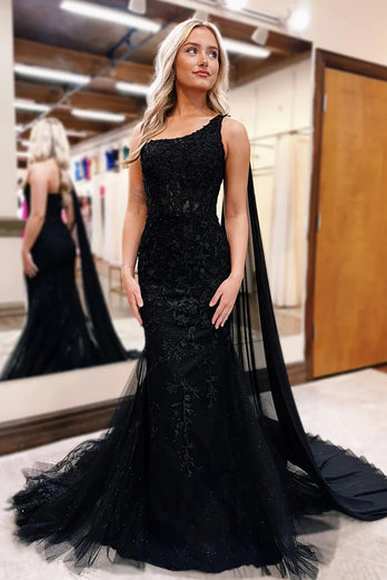 Black One Shoulder Tulle Long Prom Dress with Lace Appliques