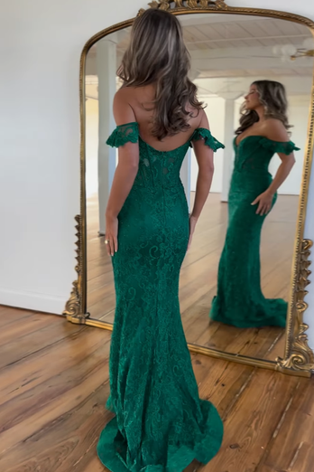 Dark Green Illusion Mermaid Off the Shoulder Long Prom Dress