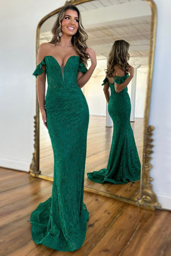 Dark Green Illusion Mermaid Off the Shoulder Long Prom Dress