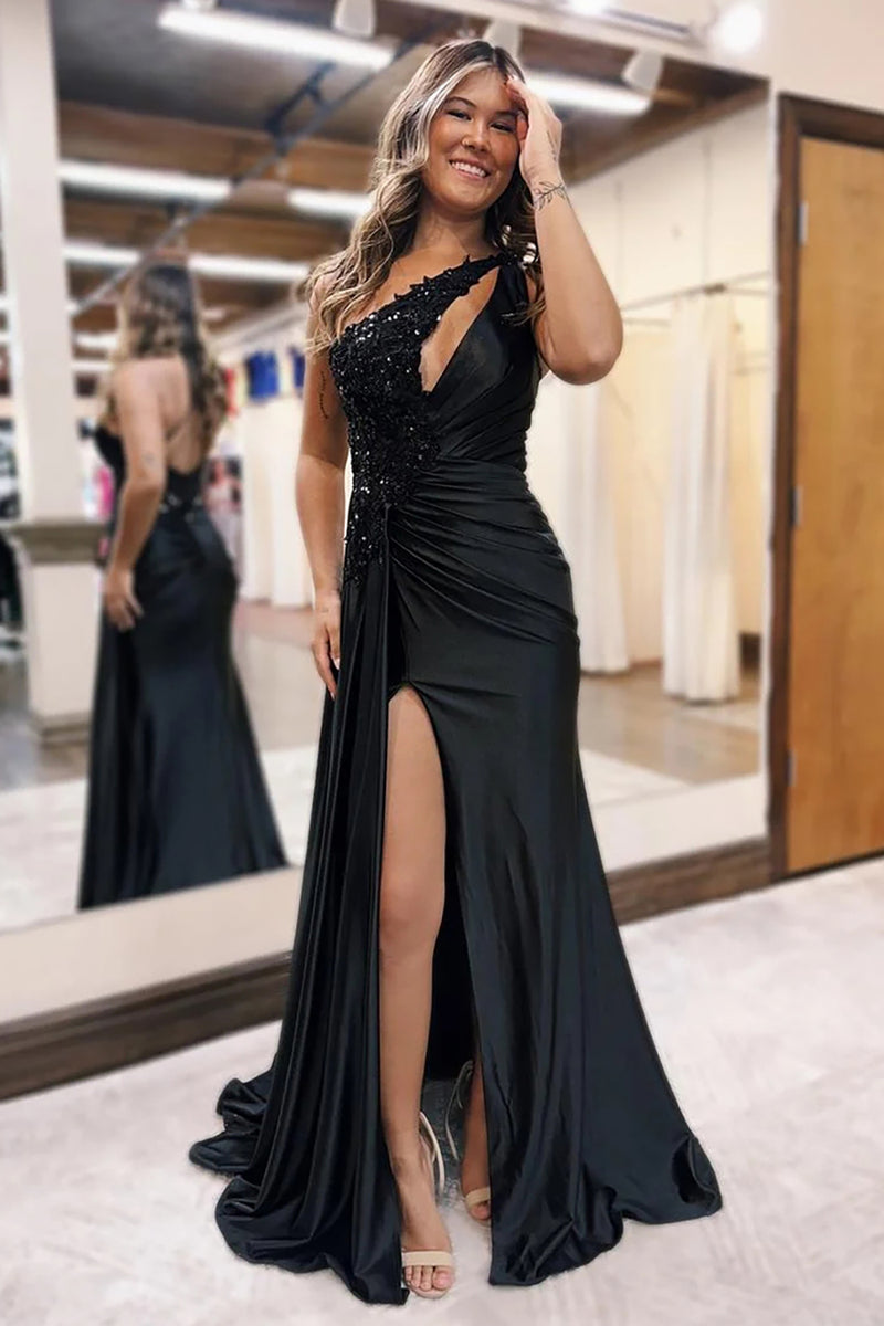 Load image into Gallery viewer, Black One Shoulder Sparkly Long Prom Dress with Appliques