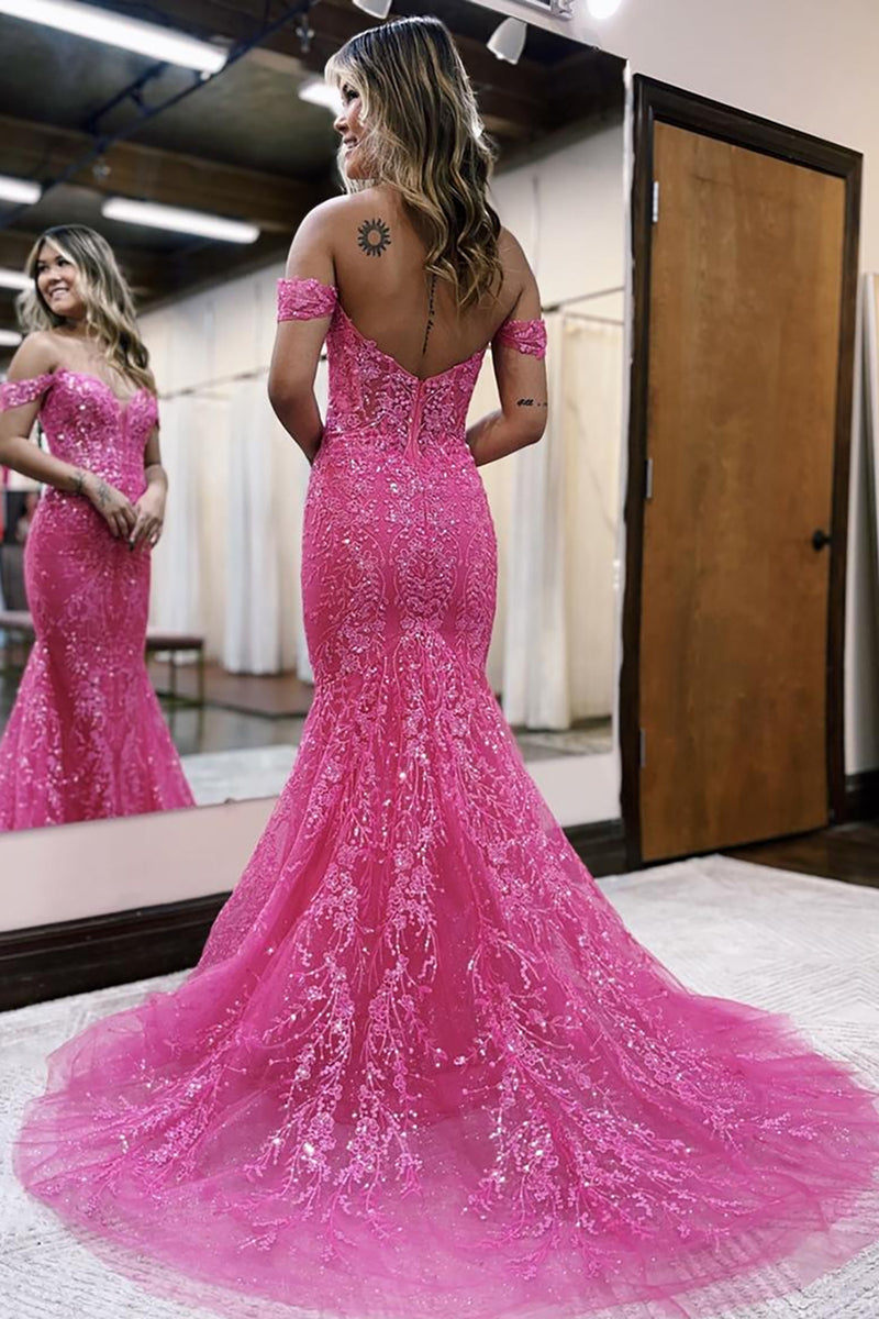 Load image into Gallery viewer, Sparkly Fuchsia Off the Shoulder Corset Prom Dress