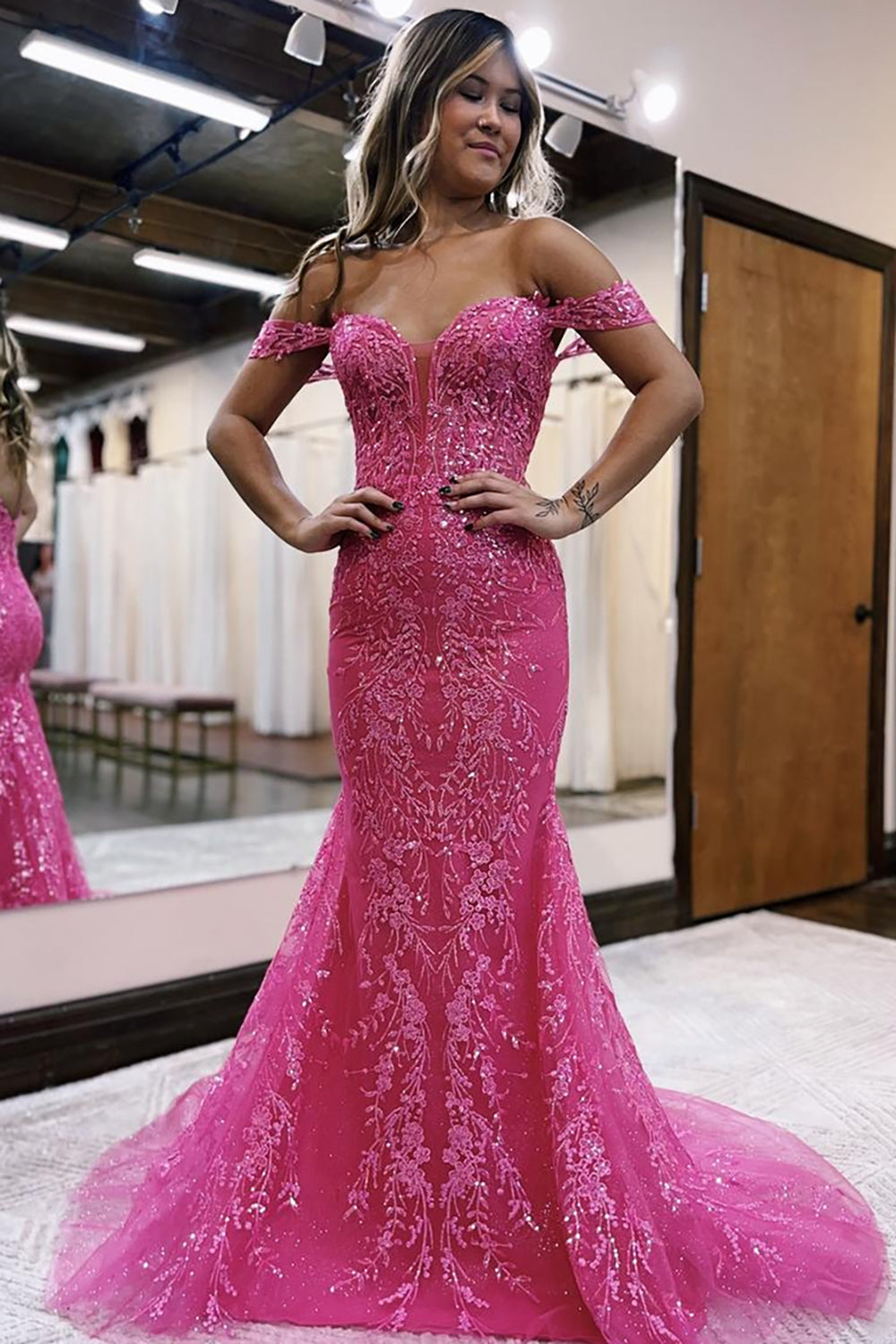 Sparkly Fuchsia Off the Shoulder Corset Prom Dress