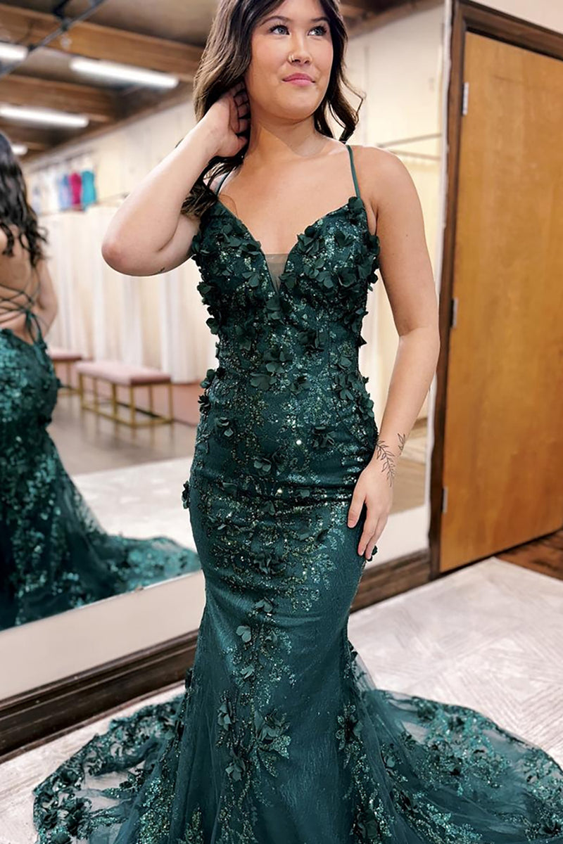 Load image into Gallery viewer, Dark Green Sparkly Mermaid Corset Prom Dress with Appliques