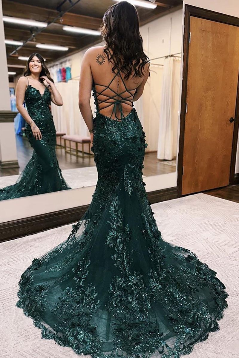 Load image into Gallery viewer, Dark Green Sparkly Mermaid Corset Prom Dress with Appliques