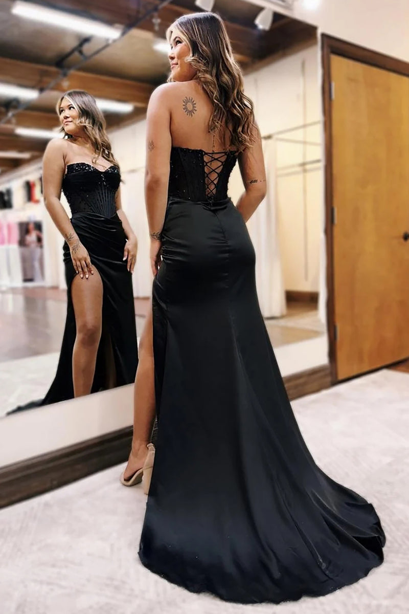 Load image into Gallery viewer, Black Sparkly Corset Sheath Long Prom Dress with Slit