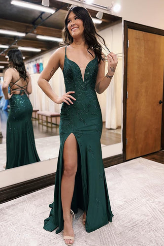 Dark Green Sparkly Sheath Long Prom Dress with Slit