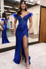 Load image into Gallery viewer, Royal Blue Sparkly Corset Sheath Long Prom Dress with Feathers