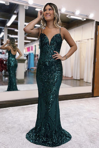 Dark Green Sparkly Sequins Sheath Long Prom Dress