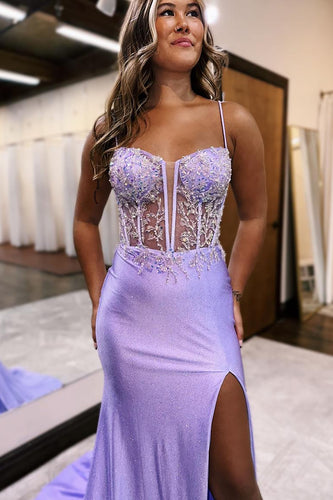 Lilac Sparkly Corset Satin Long Prom Dress with Slit