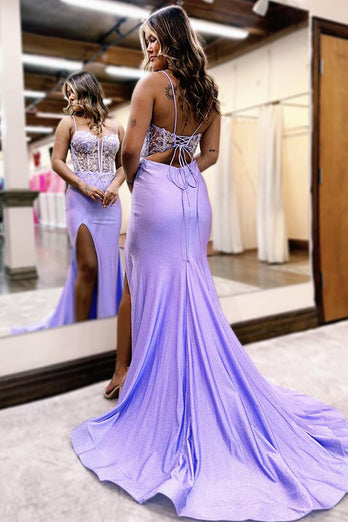 Lilac Sparkly Corset Satin Long Prom Dress with Slit