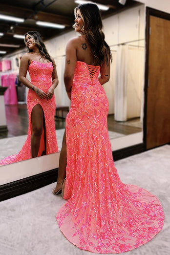 Orange Pink Sparkly Sheath Long Prom Dress with Slit