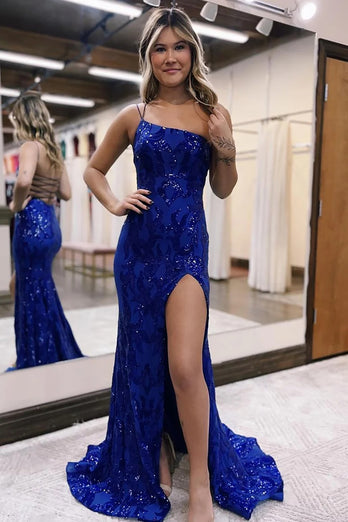 Royal Blue Sparkly Sheath Long Prom Dress with Slit