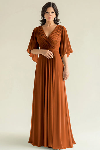 Gold V-Neck A Line Pleated Mother of the Bride Dress