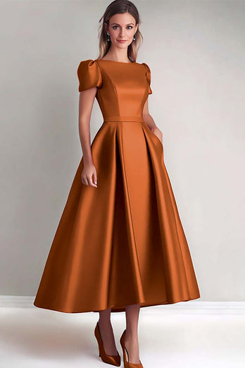 A Line Gold Puff Sleeves Satin Mother of the Bride Dress