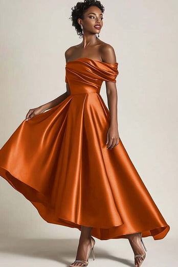 Queendancer Women Wedding Guest Dress Elegant Paprika Satin Mother of the Bride Dress Off the Shoulder Asymmetrical A Line Mother of the Groom Dress