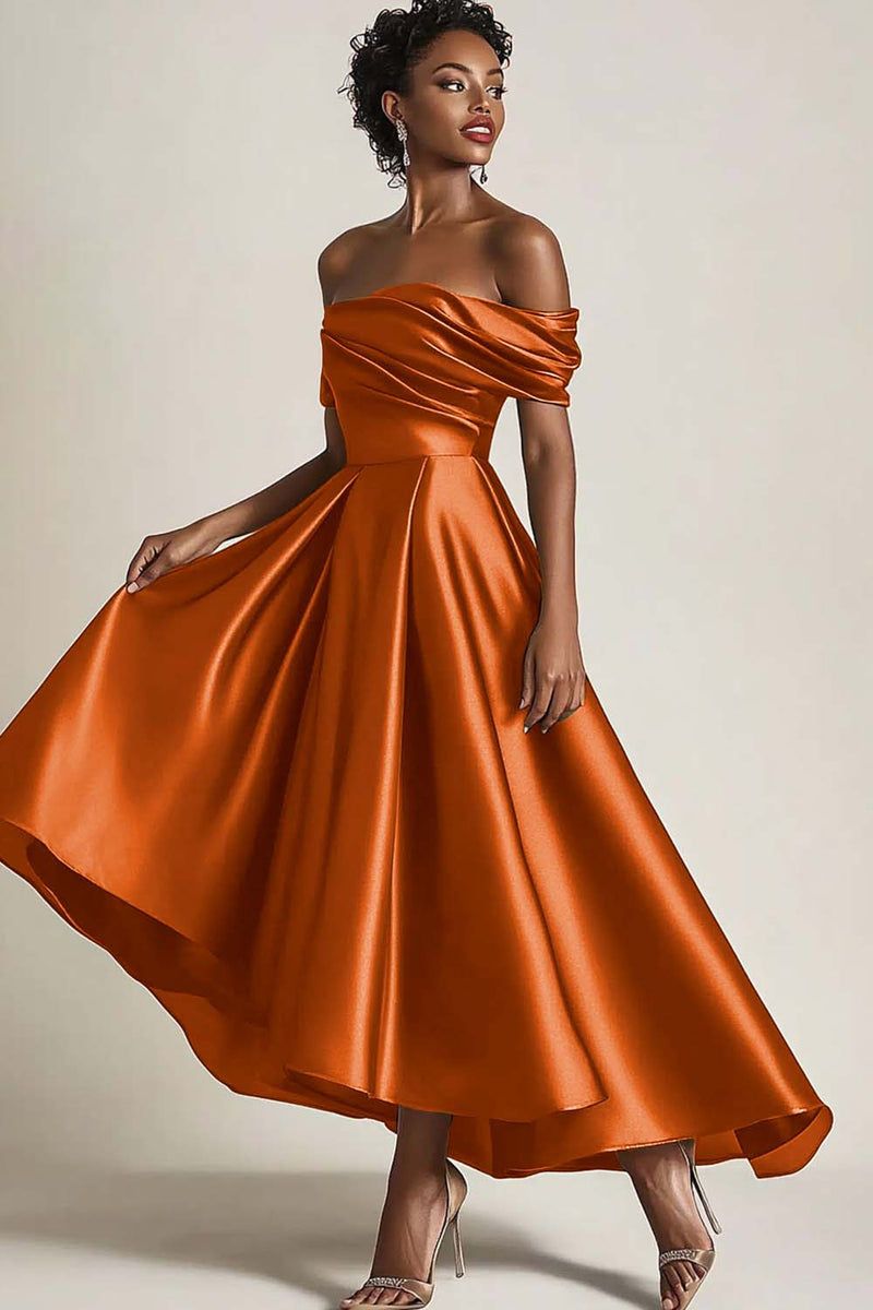 Load image into Gallery viewer, Queendancer Women Wedding Guest Dress Elegant Paprika Satin Mother of the Bride Dress Off the Shoulder Asymmetrical A Line Mother of the Groom Dress