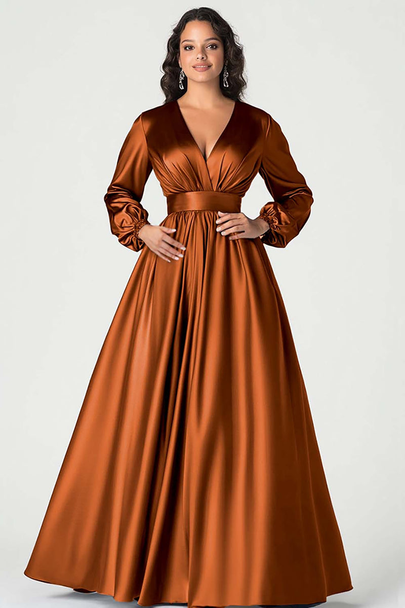 Load image into Gallery viewer, Dusty Sage Long Sleeves Satin V-Neck Mother of the Bride Dress