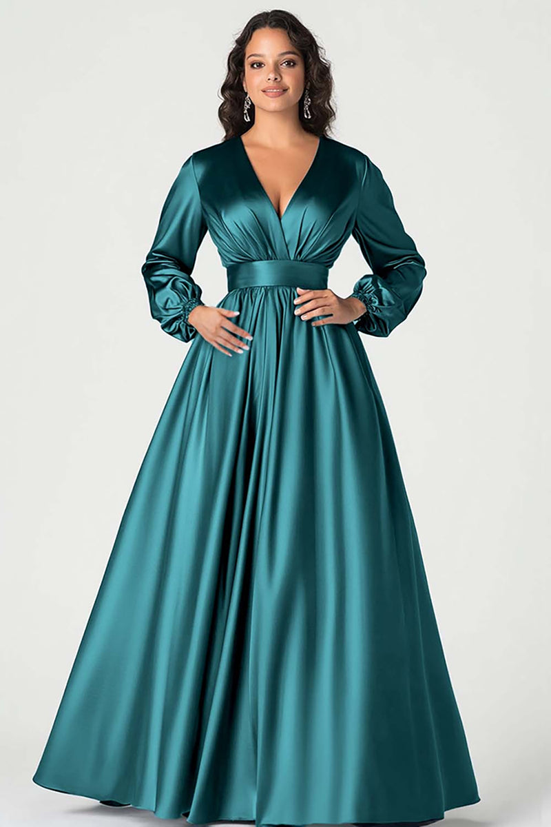 Load image into Gallery viewer, Dusty Sage Long Sleeves Satin V-Neck Mother of the Bride Dress