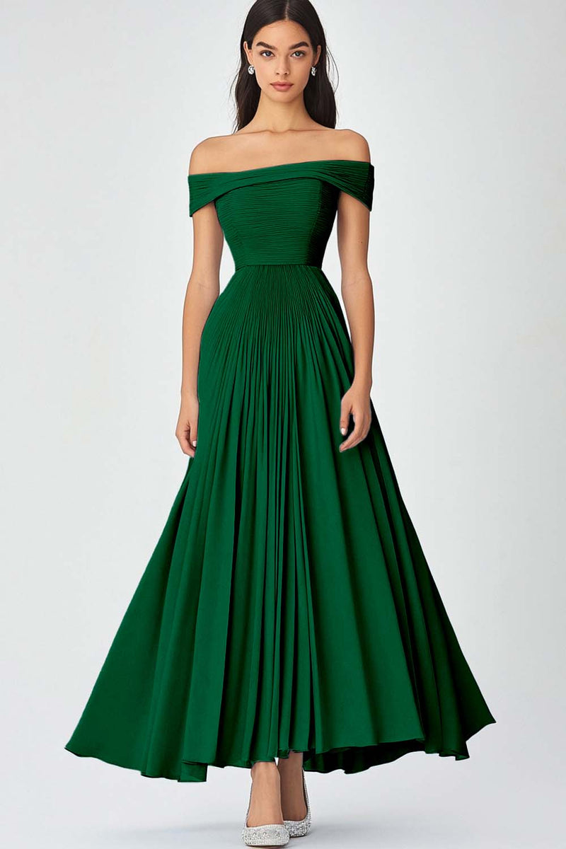 Load image into Gallery viewer, Dusty Sage Off the Shoulder A Line Chiffon Long Formal Dress