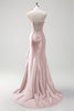 Load image into Gallery viewer, Sparkly Fuchsia Corset Long Satin Prom Dress with Ruffles Slit