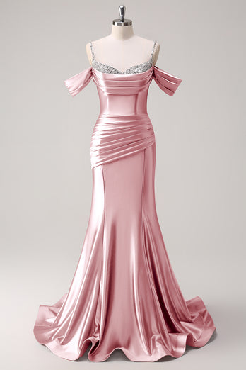 Sparkly Blush Off The Shoulder Mermaid Long Satin Prom Dress