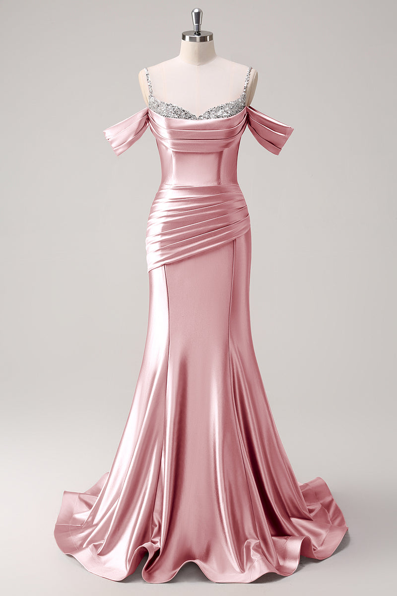 Load image into Gallery viewer, Sparkly Blush Off The Shoulder Mermaid Long Satin Prom Dress