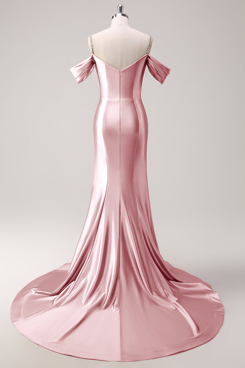 Load image into Gallery viewer, Sparkly Blush Off The Shoulder Mermaid Long Satin Prom Dress