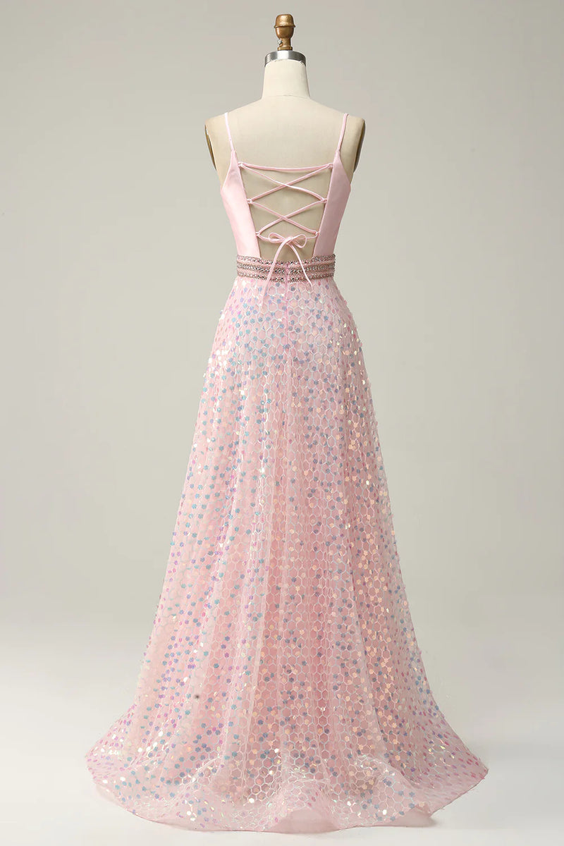 Load image into Gallery viewer, Spaghetti Straps Pink A-Line Long Prom Dress