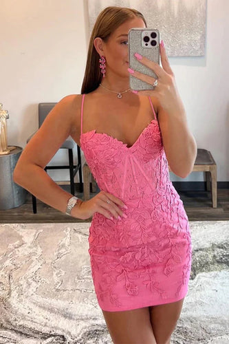 Pink Spaghetti Straps Bodycon Homecoming Dress with Appliques
