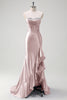 Load image into Gallery viewer, Sparkly Fuchsia Corset Long Satin Prom Dress with Ruffles Slit