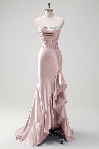 Sparkly Fuchsia Corset Long Satin Prom Dress with Ruffles Slit