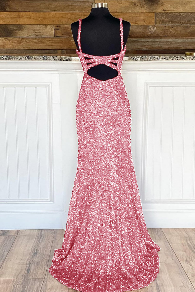 Load image into Gallery viewer, Sheath Spaghetti Straps Red Sequins Prom Dress with Split Front