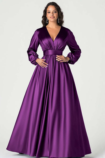 Plum Long Sleeves Satin V-Neck Mother of the Bride Dress