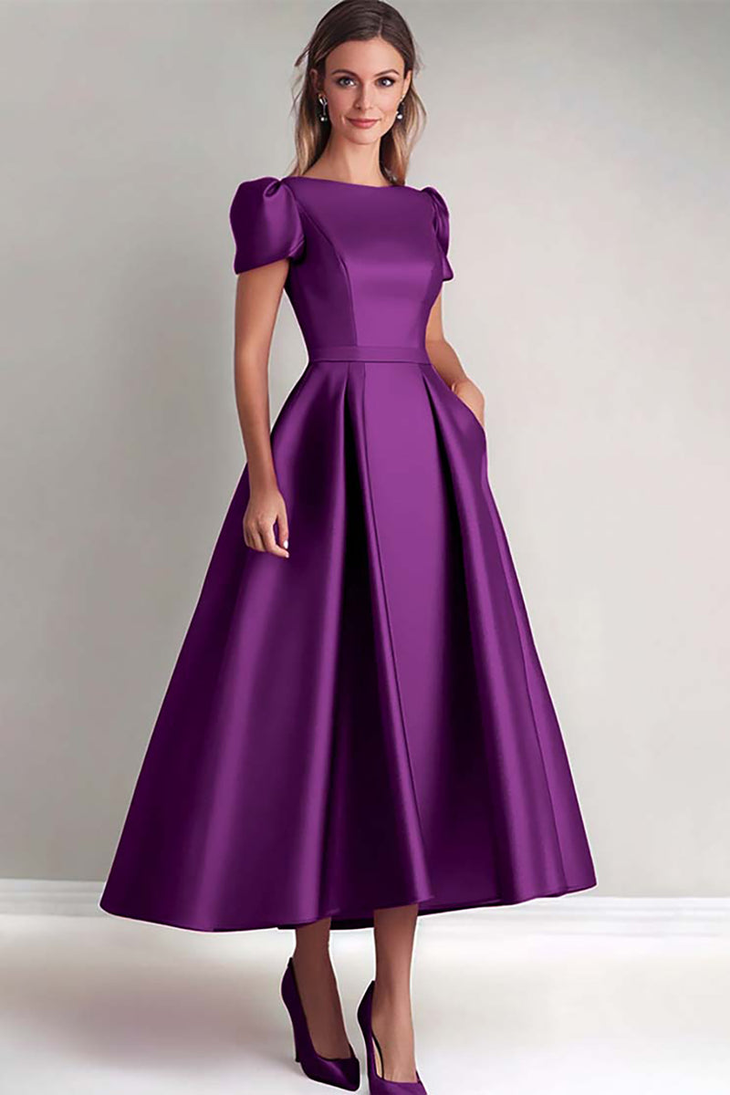 Load image into Gallery viewer, A Line Steel Grey Puff Sleeves Satin Mother of the Bride Dress