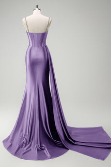 Sparkly Purple Mermaid Spaghetti Straps Corset Long Prom Dress