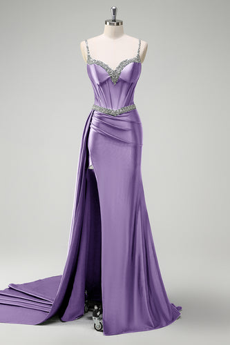 Sparkly Purple Mermaid Spaghetti Straps Corset Long Prom Dress