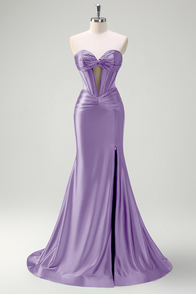 Load image into Gallery viewer, Sparkly Fuchsia Corset Beaded Long Satin Prom Dress with Slit