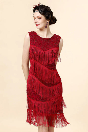 QUEENDANCER Sheath Round Neck Burgundy 1920s Dress with Tassel