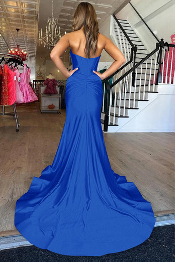 Mermaid Sweetheart Royal Blue Long Coret Prom Dress With Slit