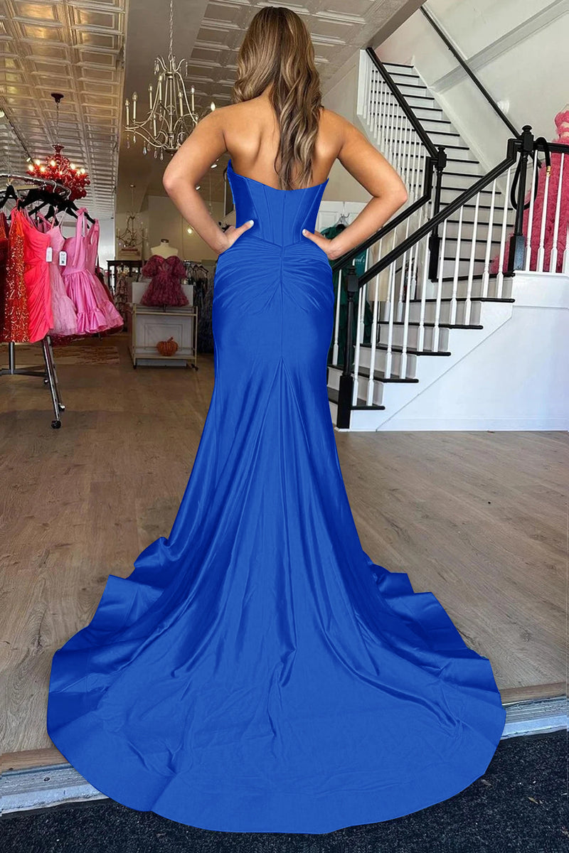 Load image into Gallery viewer, Mermaid Sweetheart Royal Blue Long Coret Prom Dress With Slit