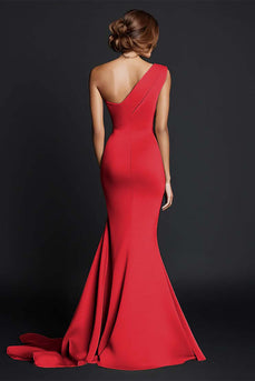 Elegant Red Satin One Shouder Long Mermaid Formal Dress