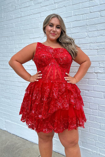 Sparkly Dark Blue One Shoulder Tiered Homecoming Dress with Lace