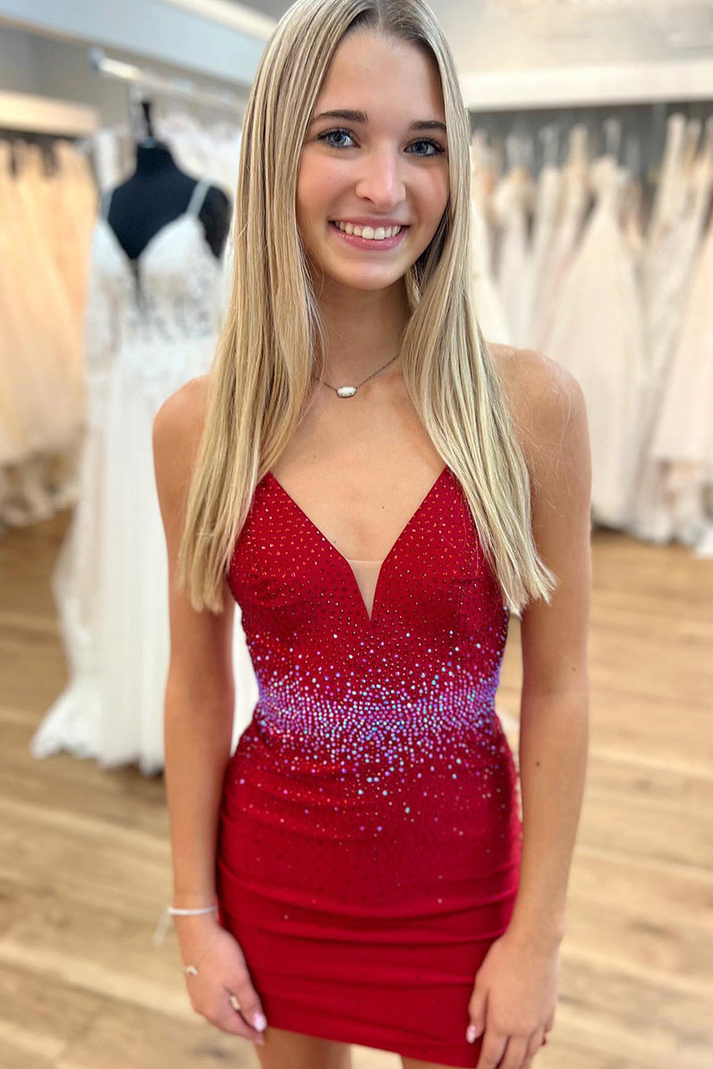 Load image into Gallery viewer, Sparkly Red Bodycon Open Back Homecoming Dress with Sequins