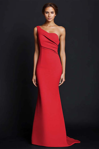 Elegant Red Satin One Shouder Long Mermaid Formal Dress