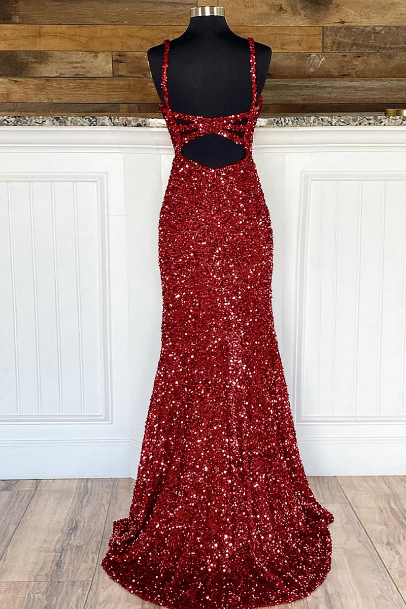 Load image into Gallery viewer, Sheath Spaghetti Straps Red Sequins Prom Dress with Split Front