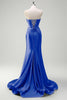 Load image into Gallery viewer, Sparkly Fuchsia Corset Beaded Long Satin Prom Dress with Slit