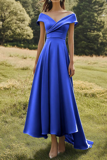 Royal Blue A Line Off the Shoulder Satin Long Formal Dress