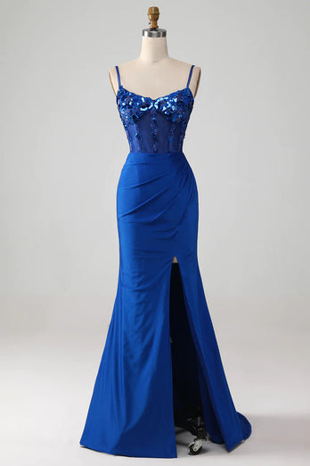 Royal Blue Mermaid Beaded Appliques Long Corset Prom Dress With Slit